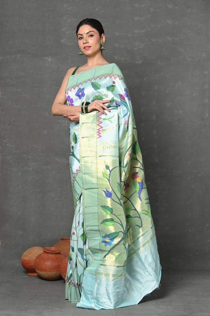 Premium! Masterpiece Handloom Powder Blue All Over Pure Silk Paithani Saree (3 months weaving) view 3