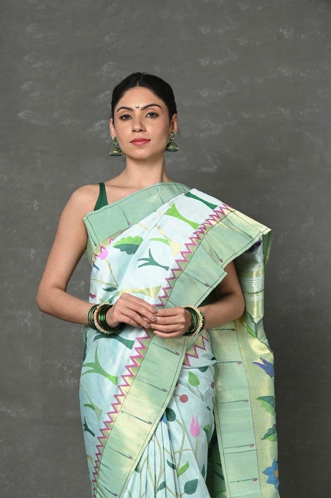 Premium! Masterpiece Handloom Powder Blue All Over Pure Silk Paithani Saree (3 months weaving) view 4
