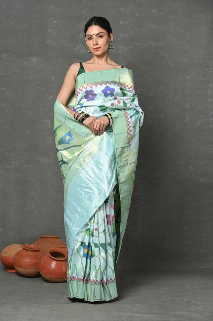 Premium! Masterpiece Handloom Powder Blue All Over Pure Silk Paithani Saree (3 months weaving) view 6