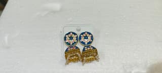 Blue Enameled Kundan and Pearl Jhumka Earrings