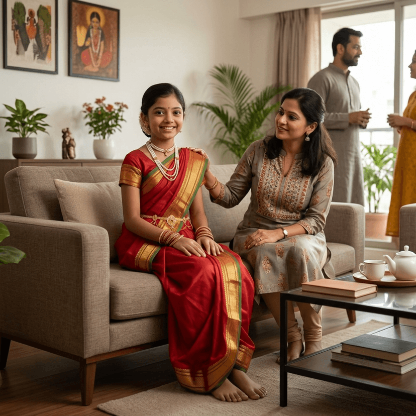 Mom and Me Peshwai Nauwari Saree for Kids (1–10 Years) Ready to Wear Maharashtrian Traditional Dress | Belgaon Silk with Cotton Lining | Stitched Blouse Included (Red, 13-14 Years) view 3