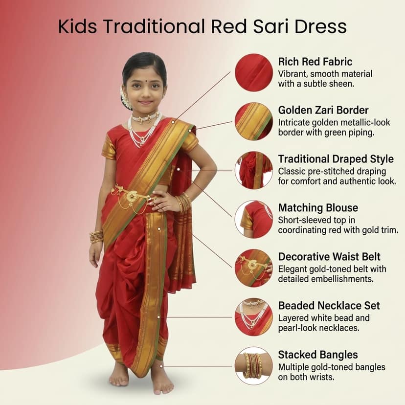 Mom and Me Peshwai Nauwari Saree for Kids (1–10 Years) Ready to Wear Maharashtrian Traditional Dress | Belgaon Silk with Cotton Lining | Stitched Blouse Included (Red, 13-14 Years) view 4