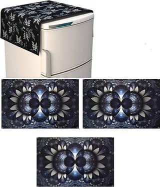 Fabolic Polyester Floral Printed Fridge Mat & Cover ( 93 53 ) Pack of 4 - Black