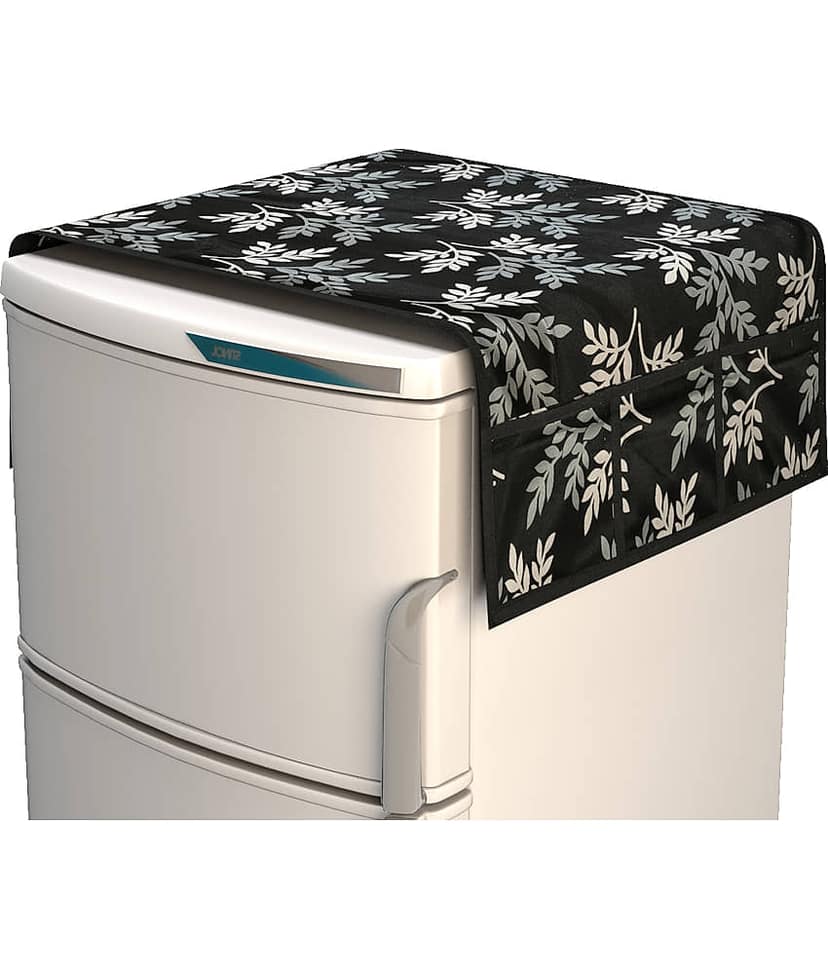 Fabolic Polyester Floral Printed Fridge Mat & Cover ( 93 53 ) Pack of 4 - Black view 2
