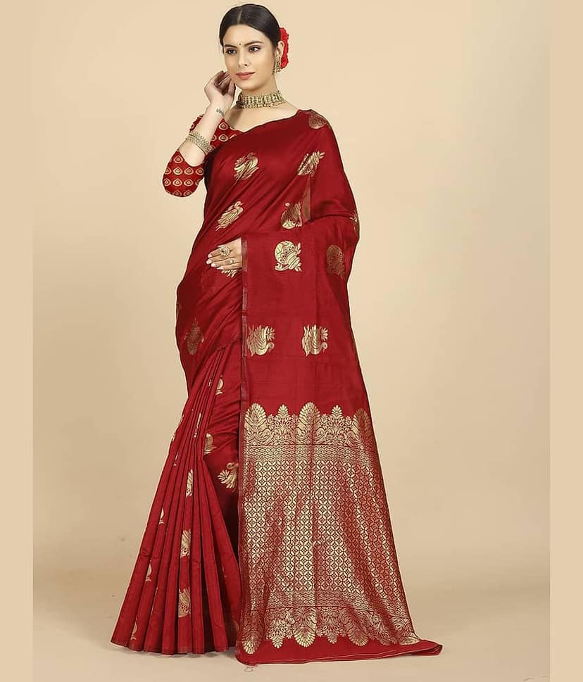 BLEESBURY Banarasi Silk Self Design Saree With Unstitched Blouse Piece ( Pink )