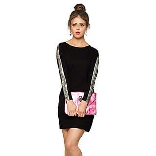Miss Chase Womens Black Designer Super Soft Round Neck Full Sleeves Mini Bodycon Dress with Sequin Strip on Sleeves