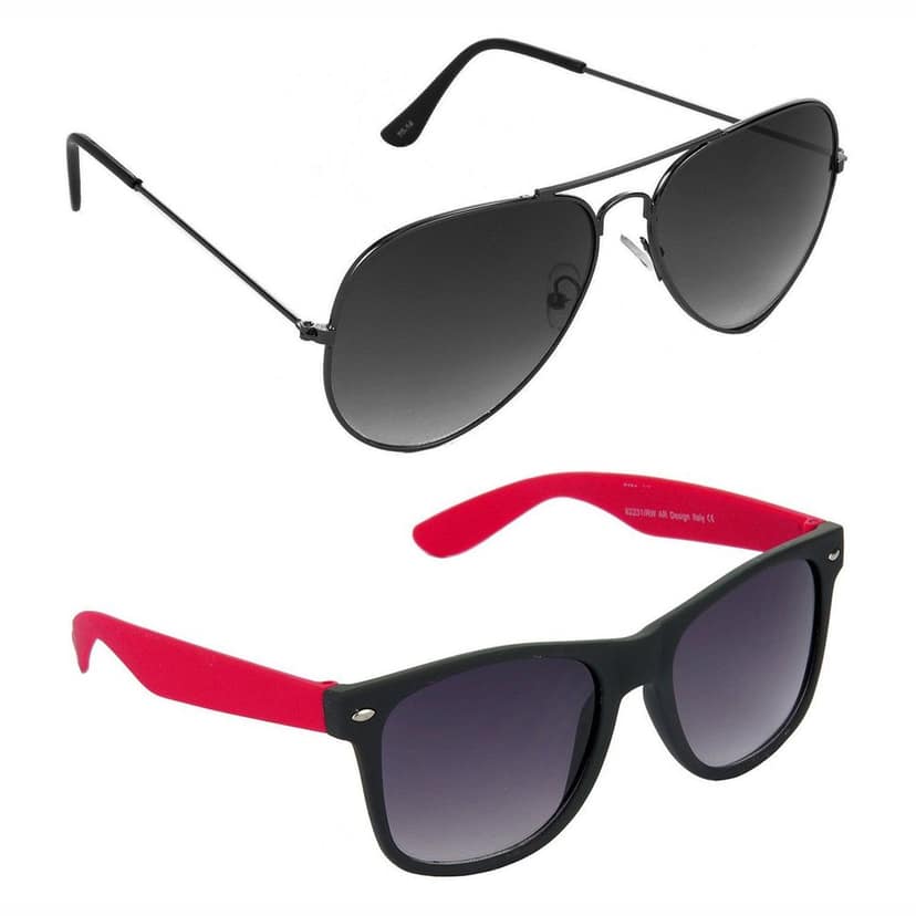 HRINKAR Men Women Boys & Girls Pilot Sunglasses Grey & Red Frame, Grey & Grey Lens (Medium) Pack of - 2