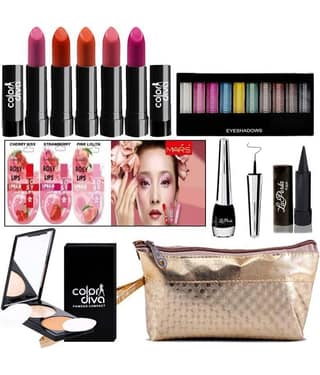 Adbeni Combo Makeup Set (Eyeshadow,Eyeliner, Lip Balm,Kajal,Compact Powder,Lipstick & Makeup Pouch)
