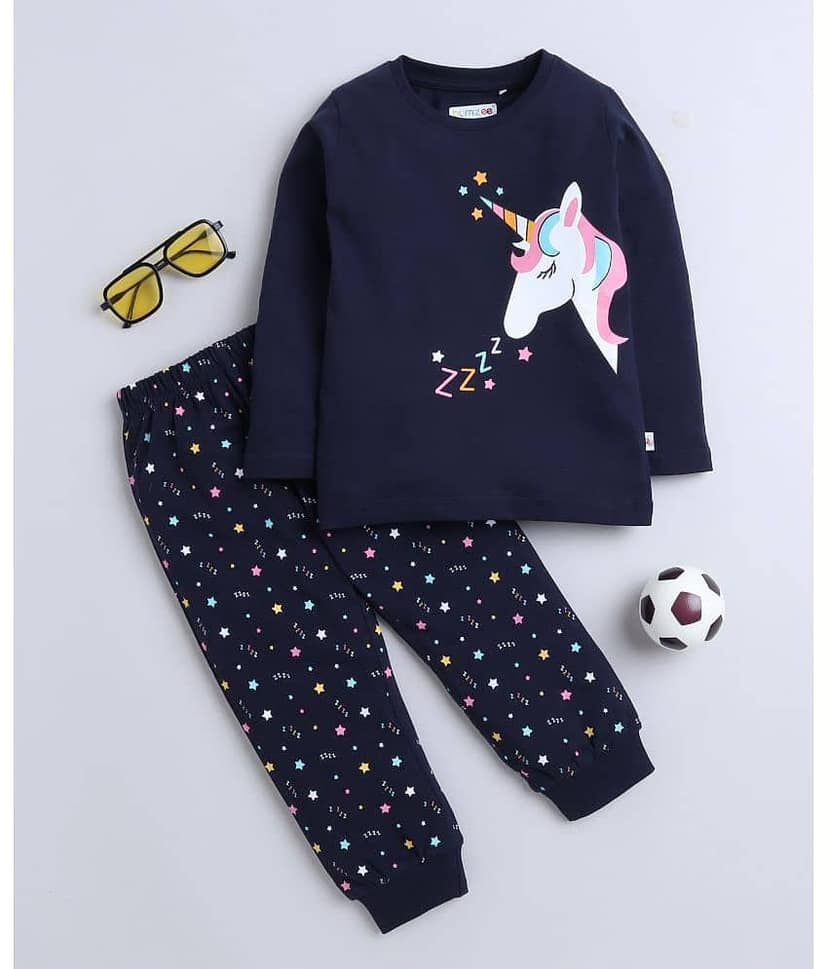 BUMZEE Pack of 1 Girls Cotton Top With Joggers ( Navy )