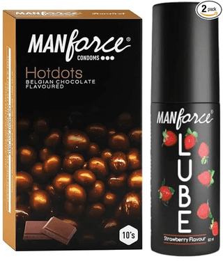 Manforce Premium Hotdots Belgian Chocolate Condoms with Bigger Dots - 10 Pieces AND Lube Lubrication Gel for Men & Women Water-Based Gel Skin-Friendly Strawberry Flavoured 60ml