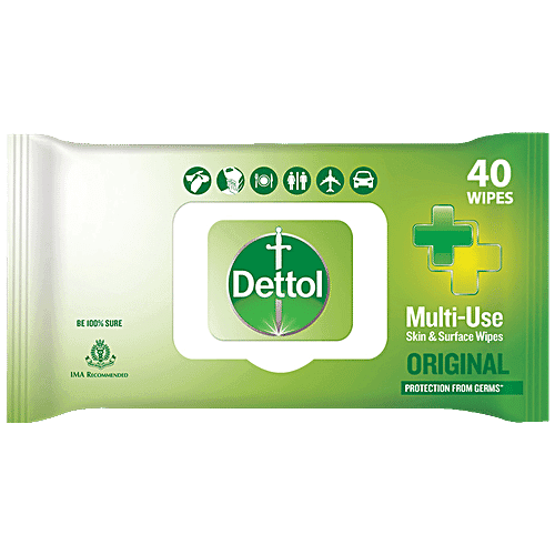 Dettol Disinfectant Sanitizer Wet Wipes - For Skin & Surfaces, Moisture Lock, Original, 40 pcs