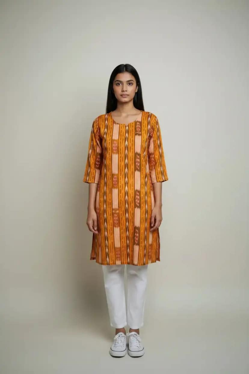 Sambalpuri Handloom Cotton Kurti in Orange with Bandhakala Ikat view 4