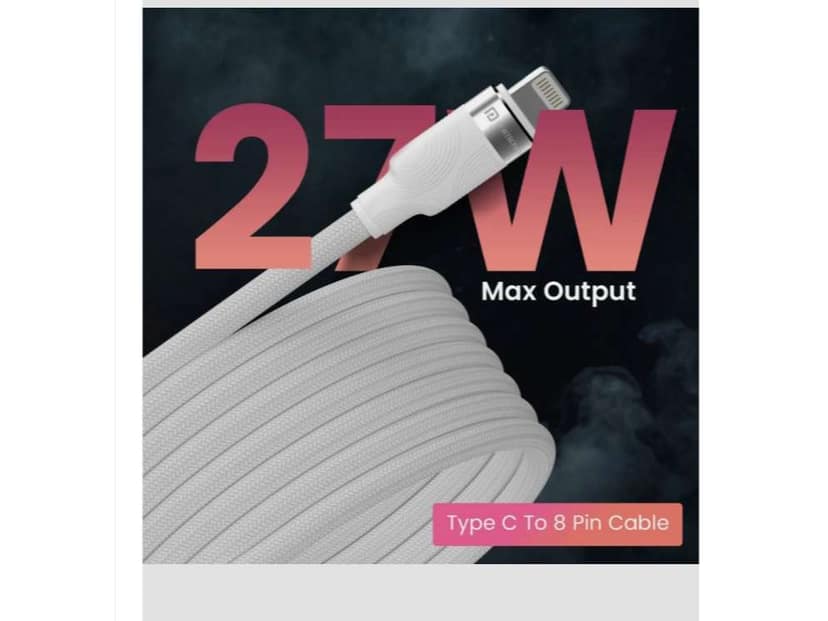 Portronics Maglink CL Lightning Cable 1 m Braided Maglink CL 27W Type C to 8 Pin, (Compatible with Mobile, White, One Cable) view 2