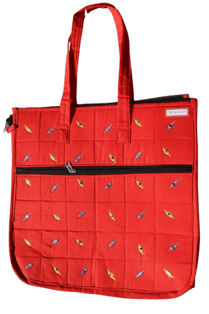 Vibrant Red Quilted Tote Bag with Colourful Leaf Embroidery