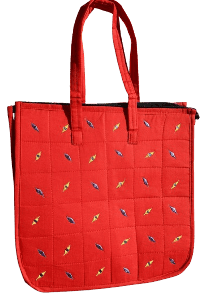 Vibrant Red Quilted Tote Bag with Colourful Leaf Embroidery view 2