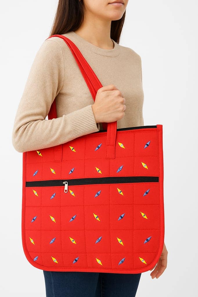 Vibrant Red Quilted Tote Bag with Colourful Leaf Embroidery view 3