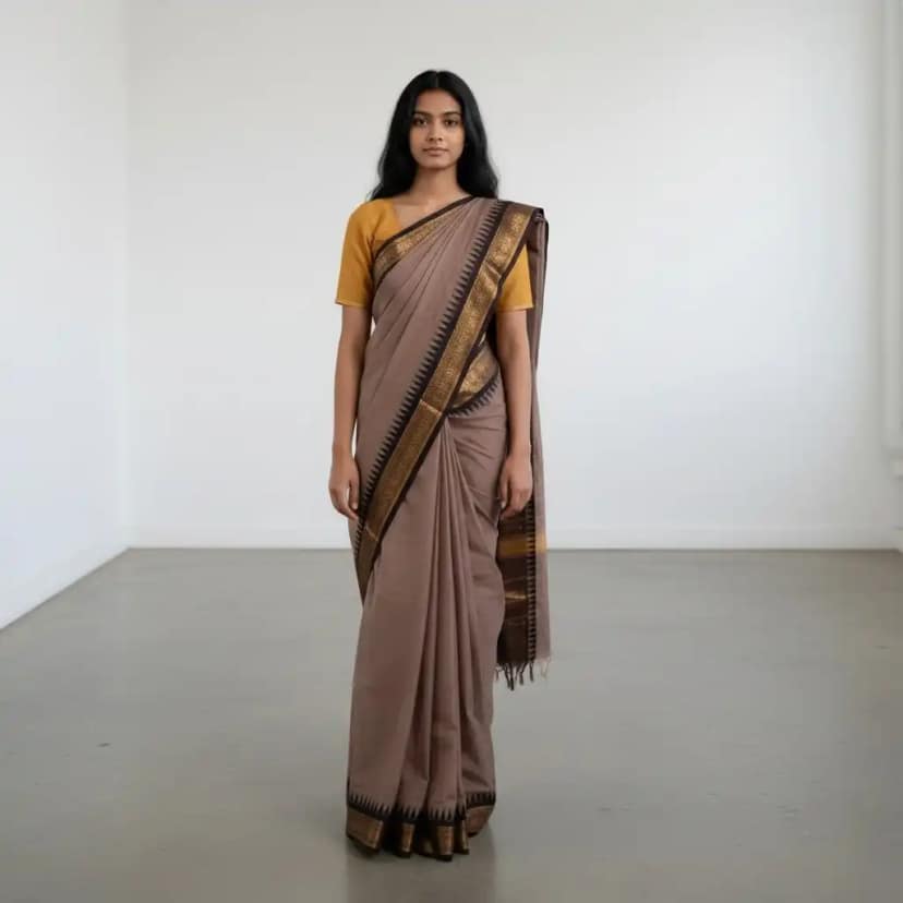 Handwoven Kanchipuram Cotton Saree in Beige with Golden Temple Border