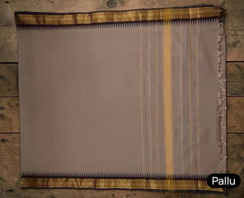 Handwoven Kanchipuram Cotton Saree in Beige with Golden Temple Border view 4