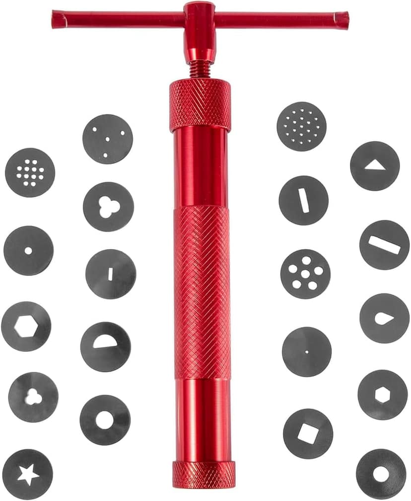 22Pcs Stainless Steel Metal Clay Extruder with 20 Tips Fondant Sugara Paste Extruder Ceramics Pottery Polymer Modeling Decorating Cake Decor Tools Set (Red)