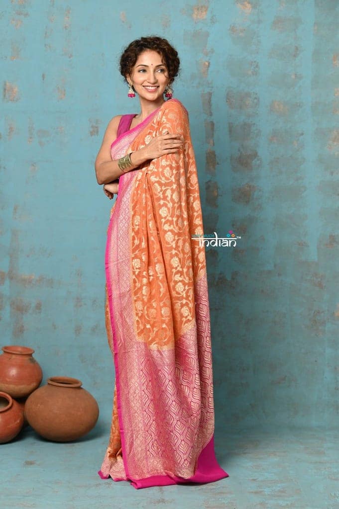 Suhaani ~ Handloom Khaddi Georgette Saree With All Over Jaal~ Orange Pink (Silk Mark) view 2