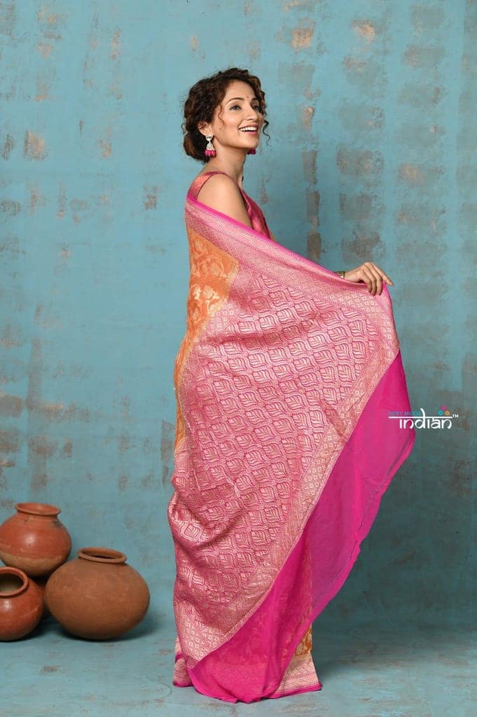 Suhaani ~ Handloom Khaddi Georgette Saree With All Over Jaal~ Orange Pink (Silk Mark) view 3