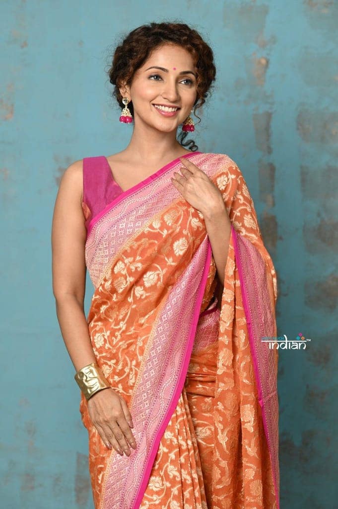 Suhaani ~ Handloom Khaddi Georgette Saree With All Over Jaal~ Orange Pink (Silk Mark) view 4