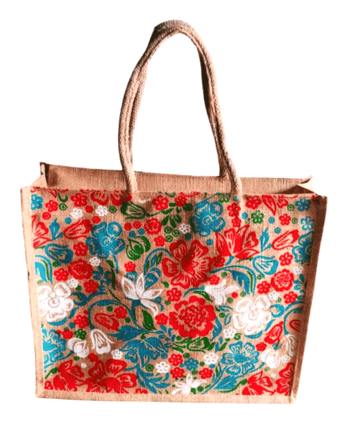 Eco-Friendly Floral Jute Tote Bag - Reusable & Stylish Handbag (M)