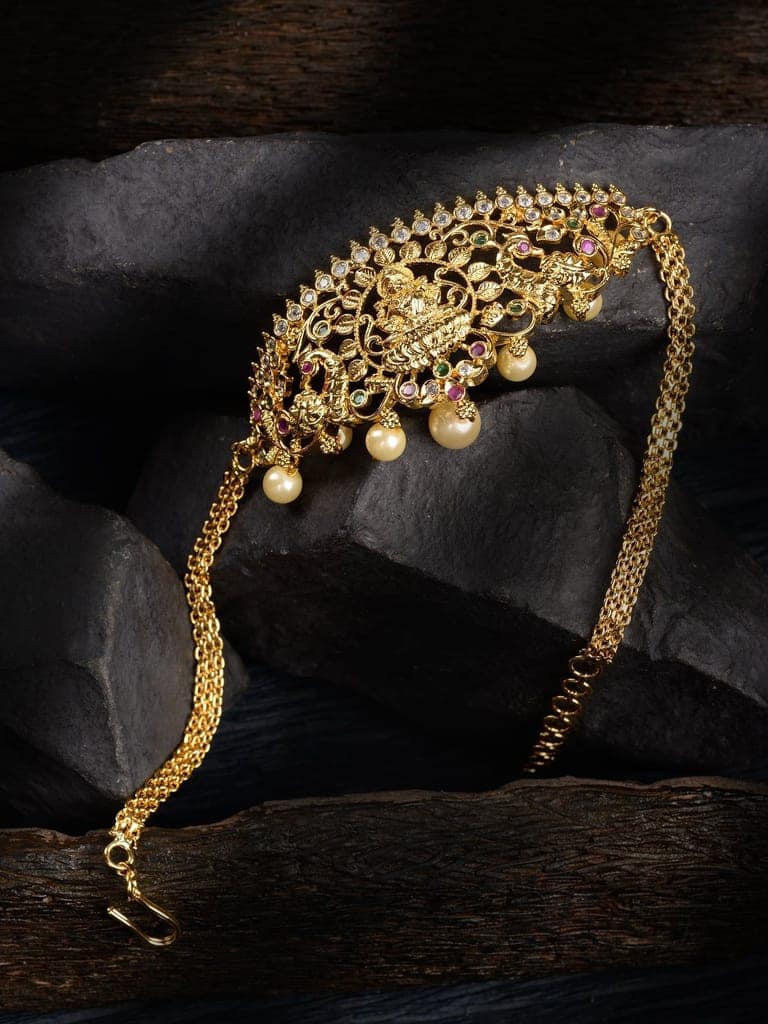 Gold Plated White AD Studded Goddess Lakshmi Temple Armlet Bracelet view 2