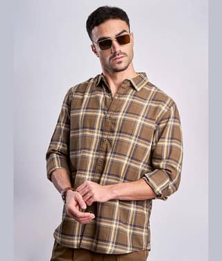 Bene Kleed Cotton Blend Relaxed Fit Checks Full Sleeves Men's Casual Shirt - Brown ( Pack of 1 )