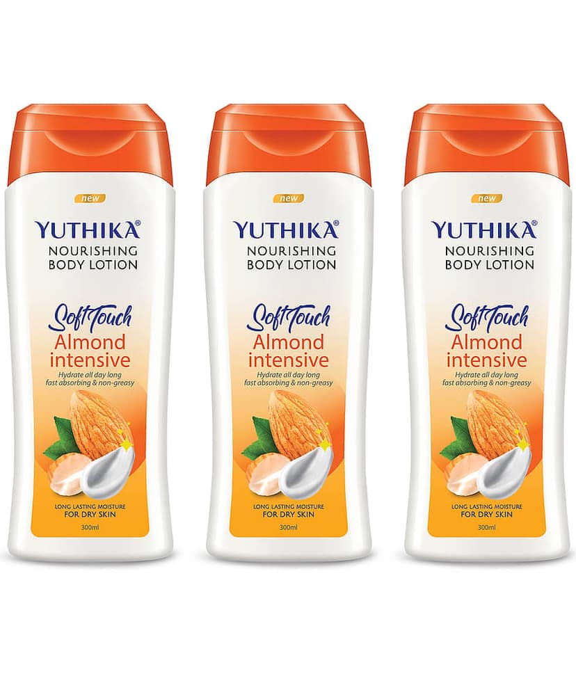 Yuthika Almond Body Lotion for Dry Skin 300ml Pack of 3, Non-Greasy Fast Absorbing & Long Lasting Nourishing Body Lotion