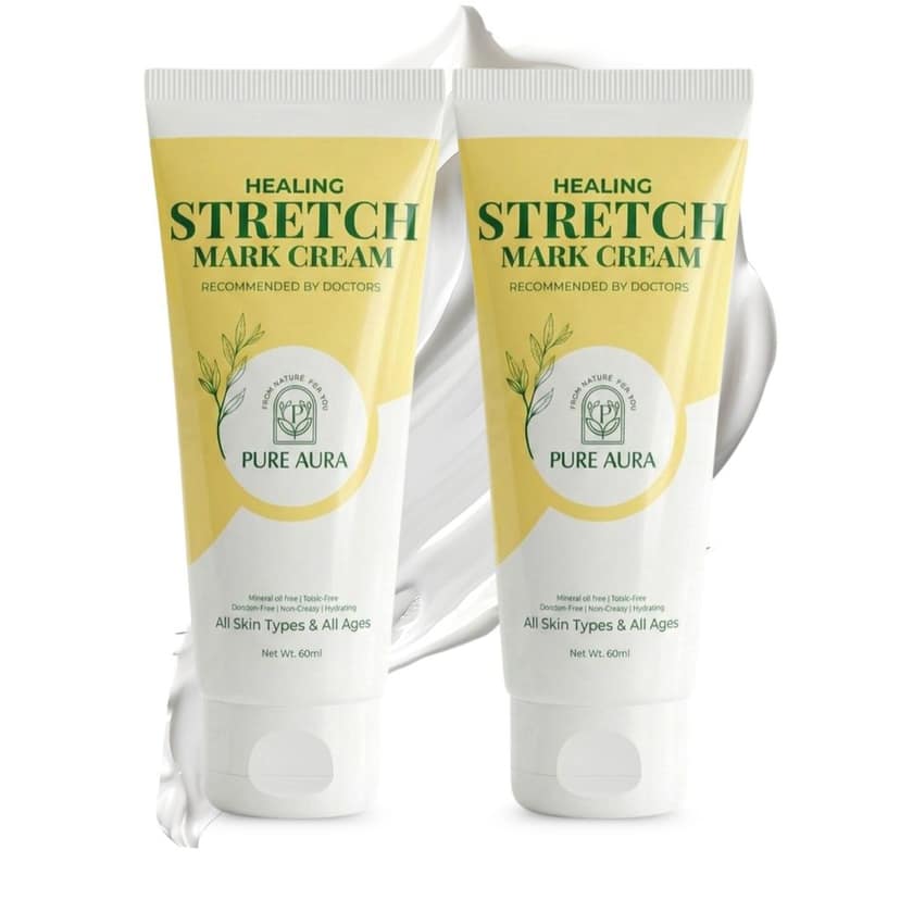 Pure Aura Healing Stretch Mark Cream | Visible Reduction in Stretch Marks in 10 Days | Hydrating Ayurvedic Blend Coconut, Almond & Centella | 60 ml