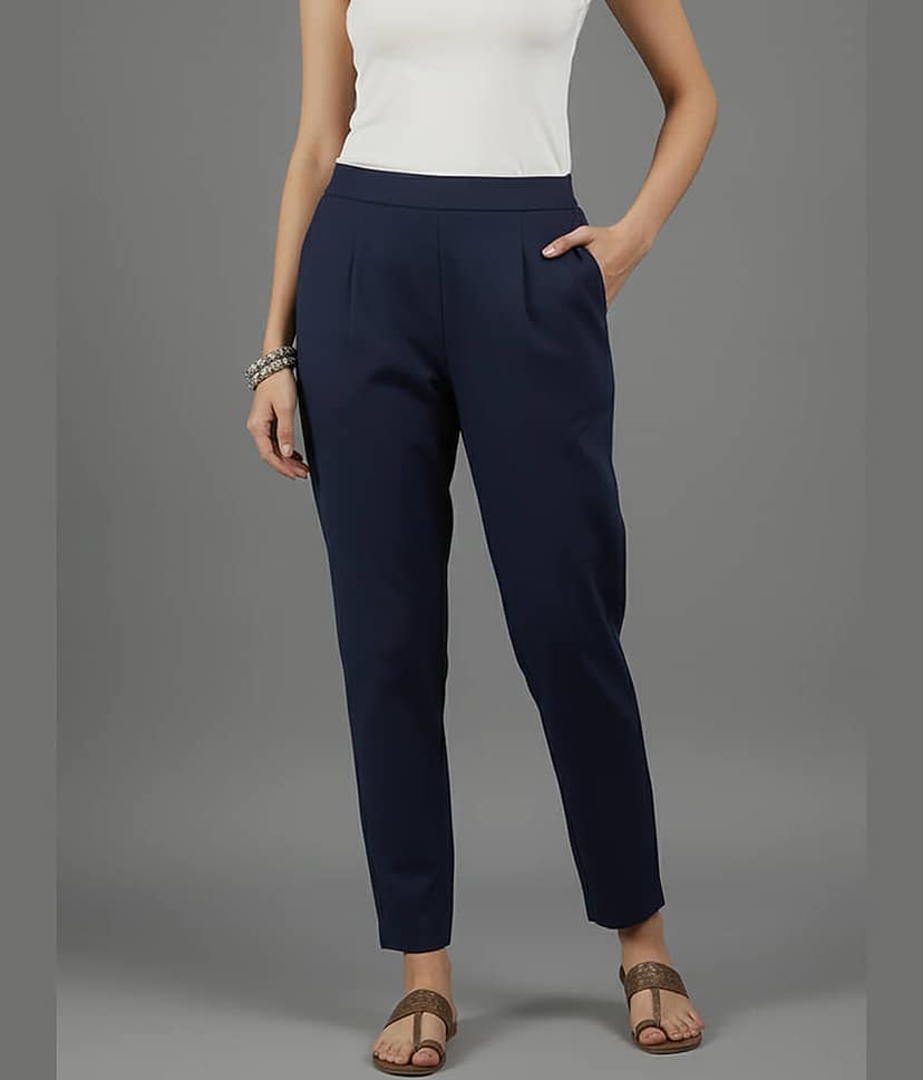 QuaClo Women Cotton Blend Casual Trousers ( Navy Blue )