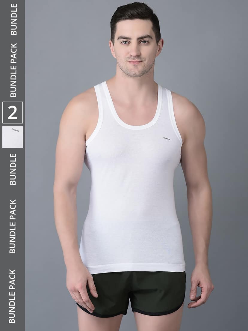 Men's White Pack of 2 Solid Combed Cotton Shrinkless Vest