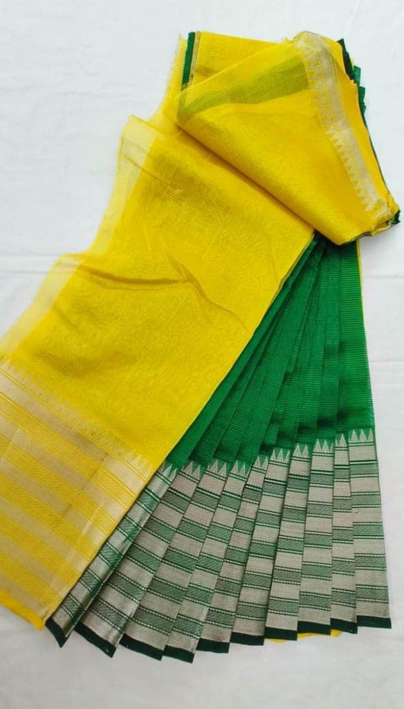Yellow and Green Pure Handloom Cotton Saree With Silver Zari Border