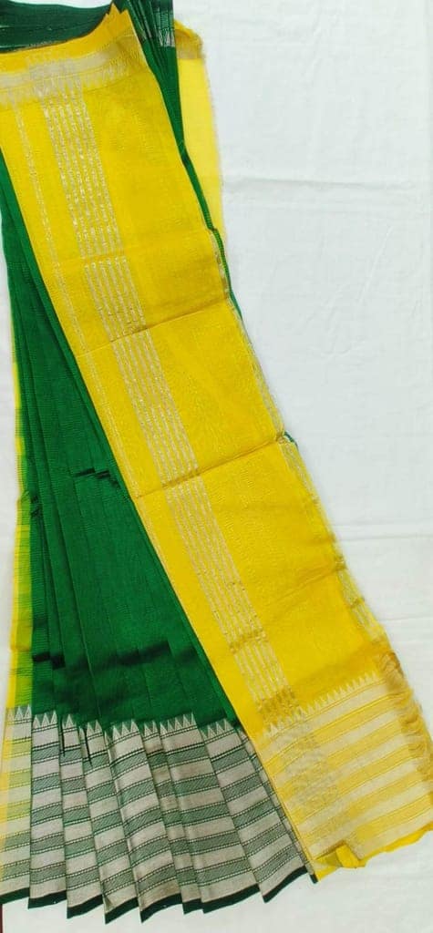 Yellow and Green Pure Handloom Cotton Saree With Silver Zari Border view 2