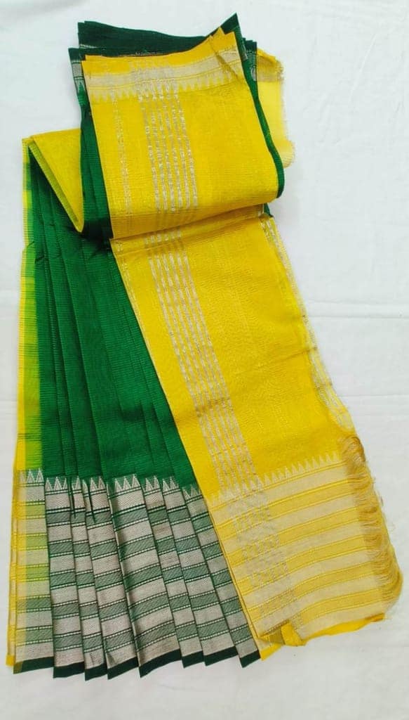 Yellow and Green Pure Handloom Cotton Saree With Silver Zari Border view 3