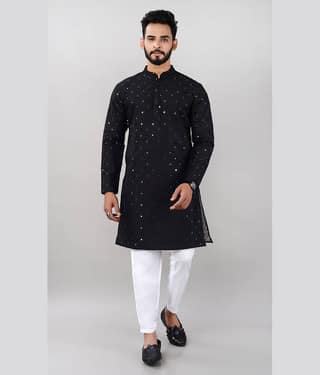 VILLAIN Silk Embroidered Regular Fit Kurta Pyjama Set For Men ( Black )