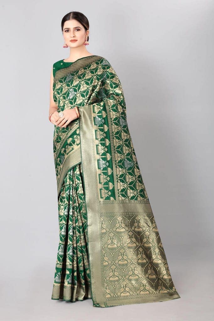 Designer Peacock Figure Gold &amp; Silver Weaving Work Banarasi Silk Saree with Heavy Pallu