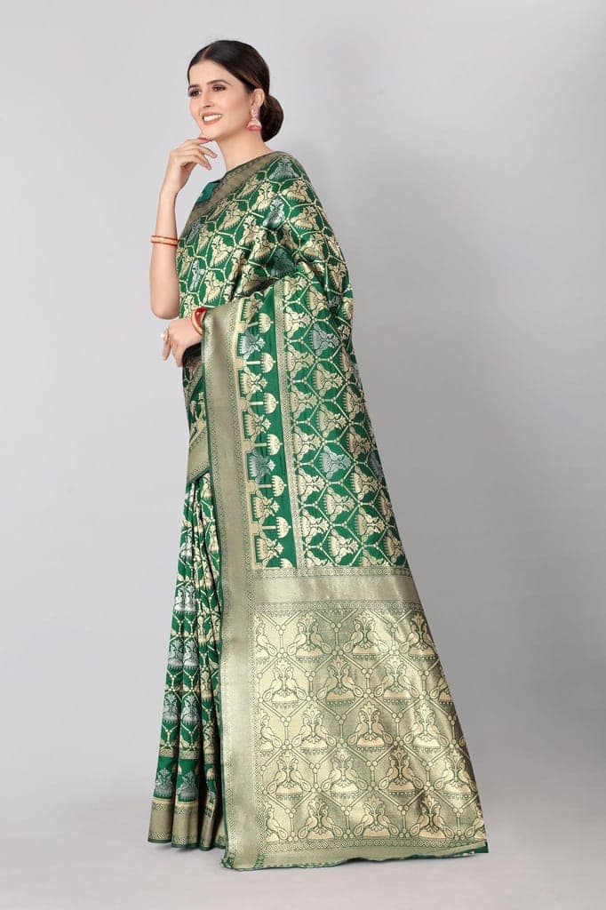 Designer Peacock Figure Gold &amp; Silver Weaving Work Banarasi Silk Saree with Heavy Pallu view 2