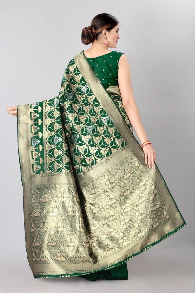 Designer Peacock Figure Gold &amp; Silver Weaving Work Banarasi Silk Saree with Heavy Pallu view 3