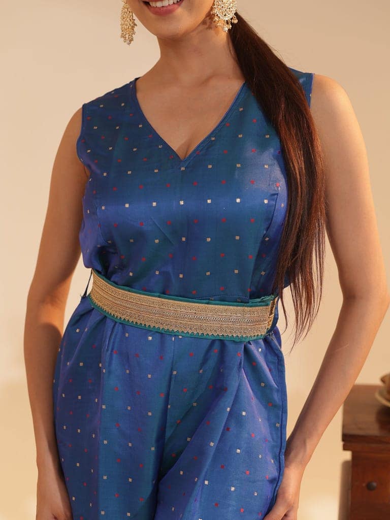Azure Satin-Silk Butti Jumpsuit with Embellished Belt | Sleeveless V-Neck, Wide-Leg Festive & Wedding-Guest Wear view 5