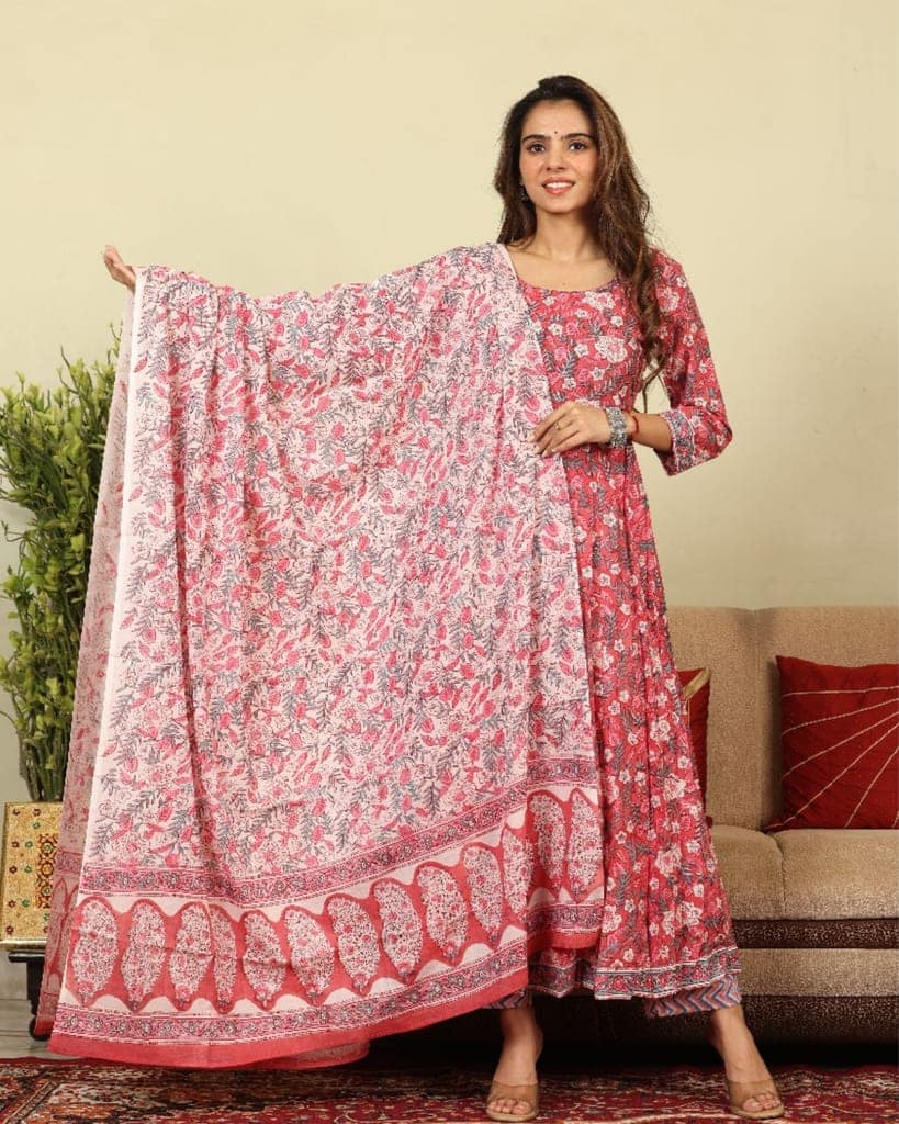 Anarakali Kurti Set Pink Color Bagru Handblock print with Mulmul Dupatta-8097 view 6