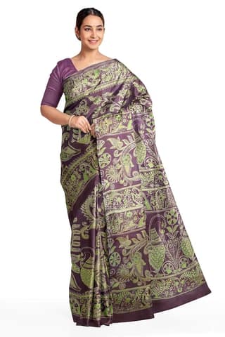 Pure silk saree in dark wine & green with peacock motifs in satin weave