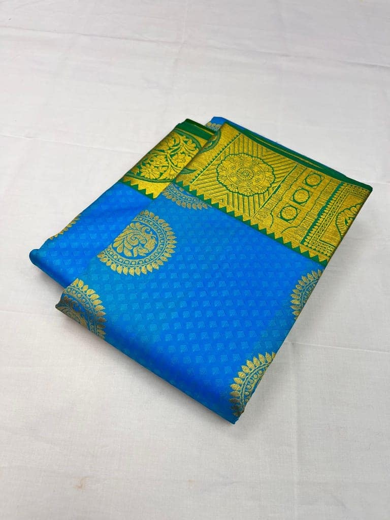 Bright Blue with Light Green Color Chakra Butta Design with Unstitched Blouse view 2