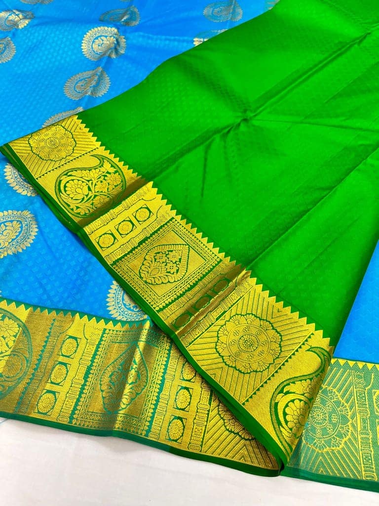 Bright Blue with Light Green Color Chakra Butta Design with Unstitched Blouse view 4
