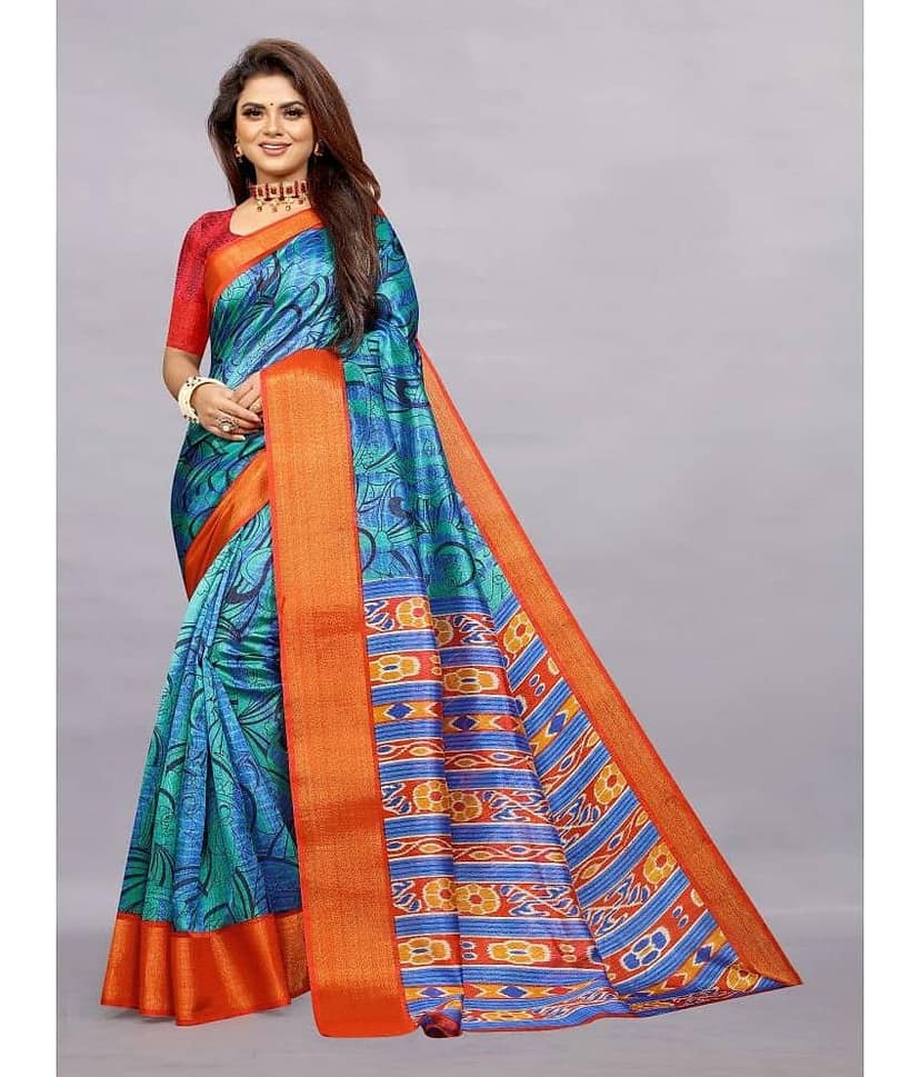 Rhey Cotton Silk Printed Saree With Unstitched Blouse Piece ( Blue )