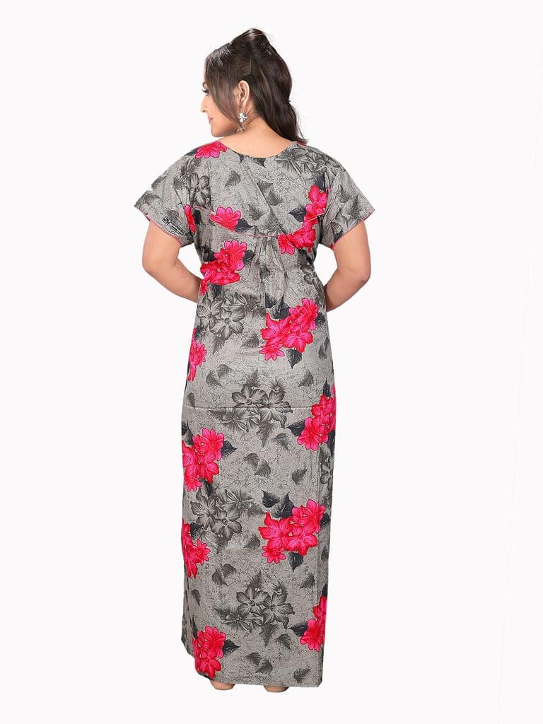 VALENCIA SLEEPWEAR Sleepwear Pure Cotton Printed Round Neck Nightgown Nighty with Pleades for Extra Comfort Grey view 3