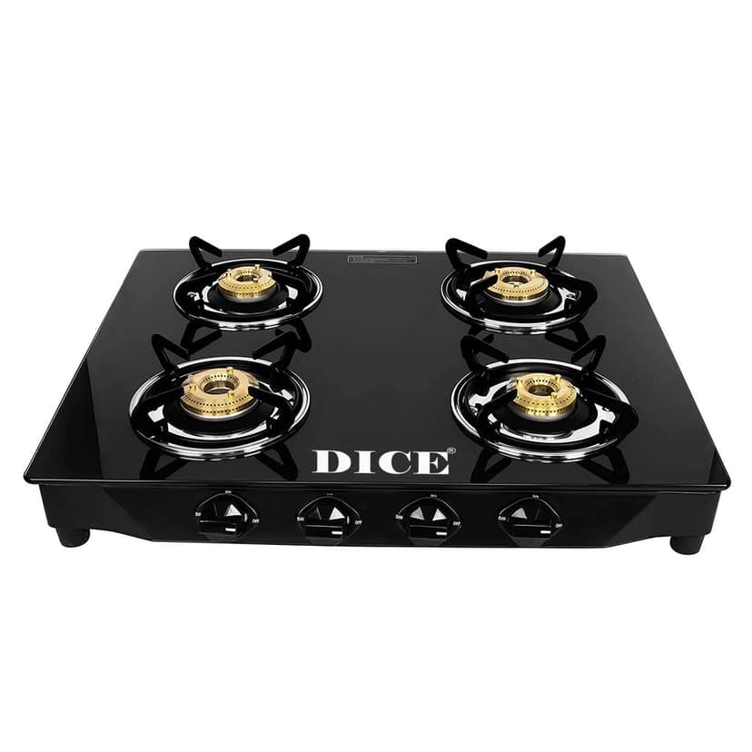 Dice 4 Burner Gas Stove In Black Glass Top With 2 Year Warranty | ISI Certified |