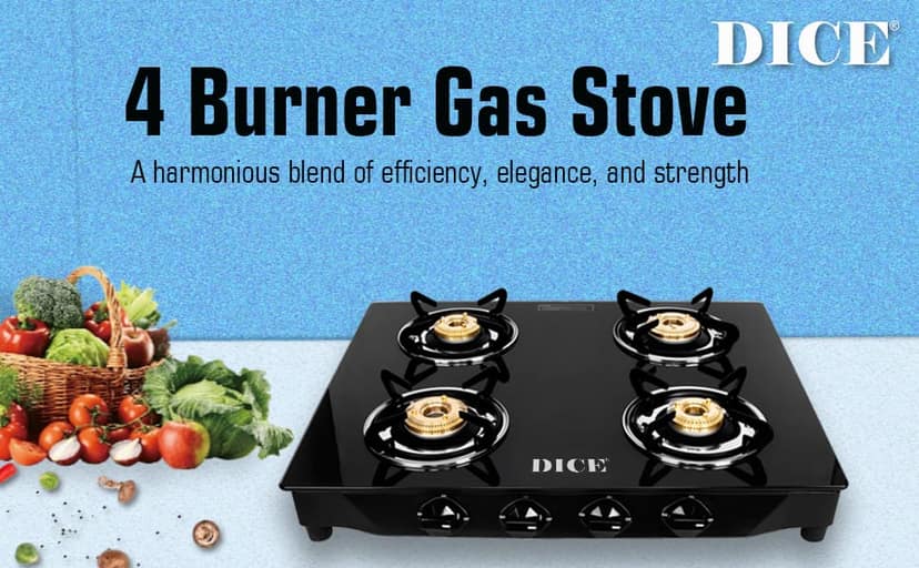 Dice 4 Burner Gas Stove In Black Glass Top With 2 Year Warranty | ISI Certified | view 2