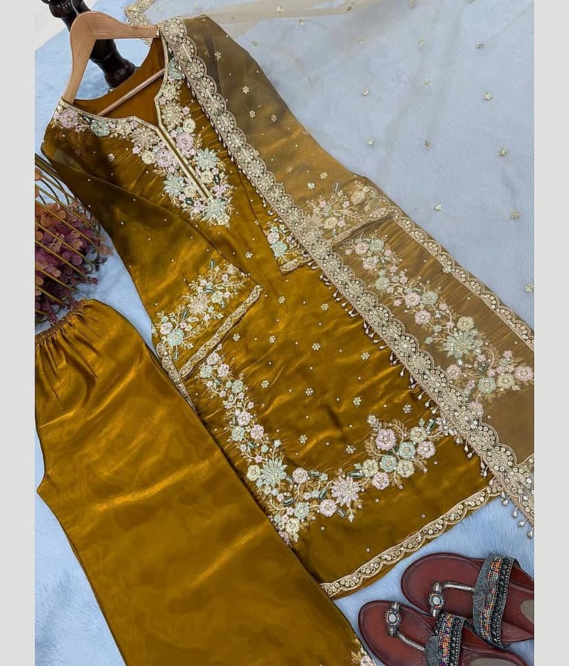 BHAGYASHRAY Women Silk Embroidered Ethnic Motifs Kurti With Patiala Salwar ( Gold ) view 2
